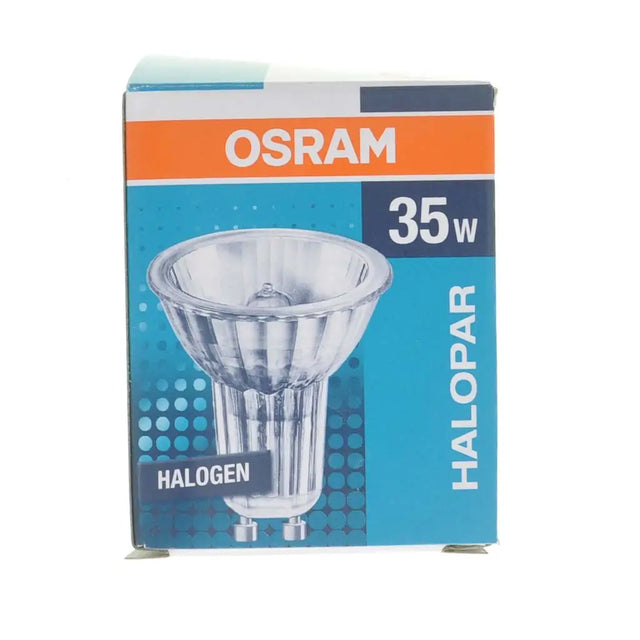 OSRAM Halogen bulb packaging with a blue and orange design.