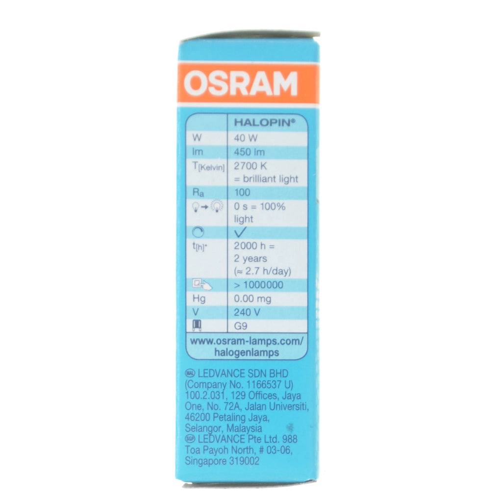 Osram Halopin Bi-Pin Halogen Light Bulb G9 240V 40W Clear 66740