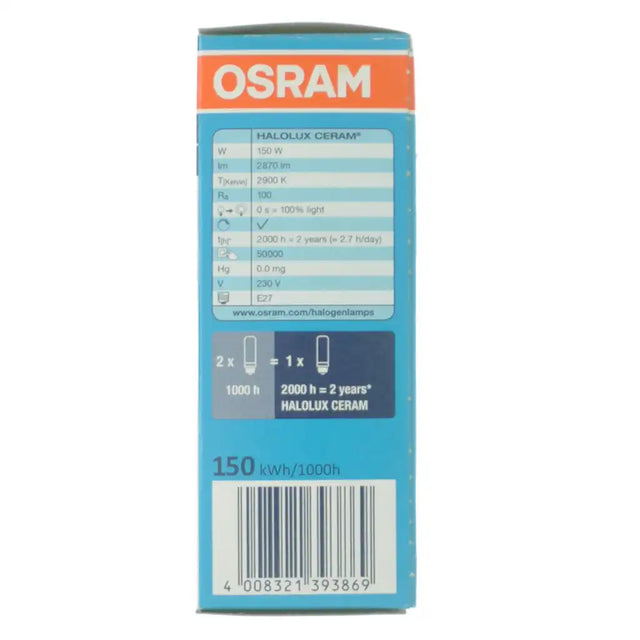 Osram JDD Halolux Ceram 150W retail packaging front showing CRI 100 professional halogen specifications and Osram branding