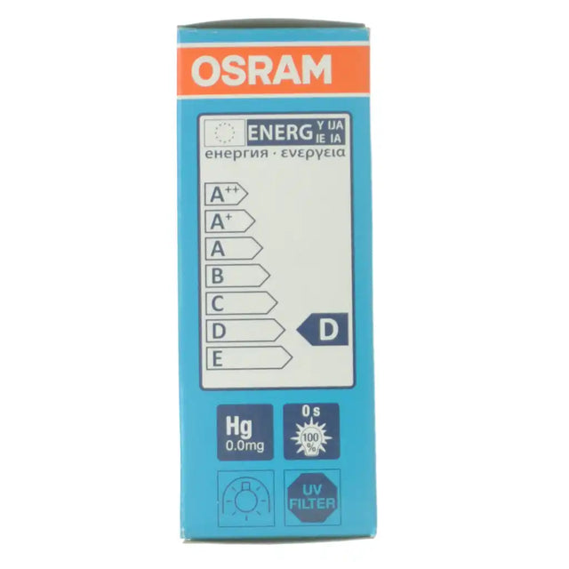 Osram JDD Halolux Ceram 150W packaging rear panel showing energy label, compliance markings and 2,000 hour rated life