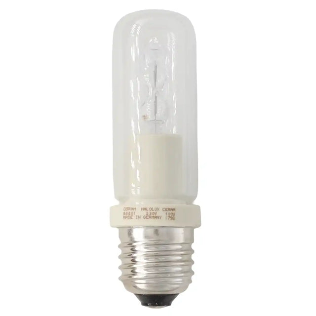 Osram JDD Halolux Ceram E27 230V 100W clear halogen light bulb showing compact JDD form factor and E27 Edison screw base on white background