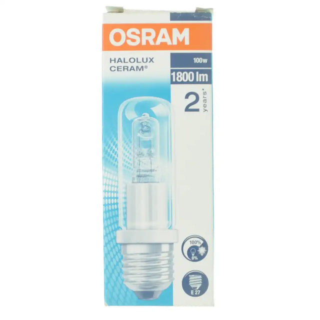 Osram JDD Halolux Ceram halogen bulb side profile showing 32mm diameter x 105mm length on white background