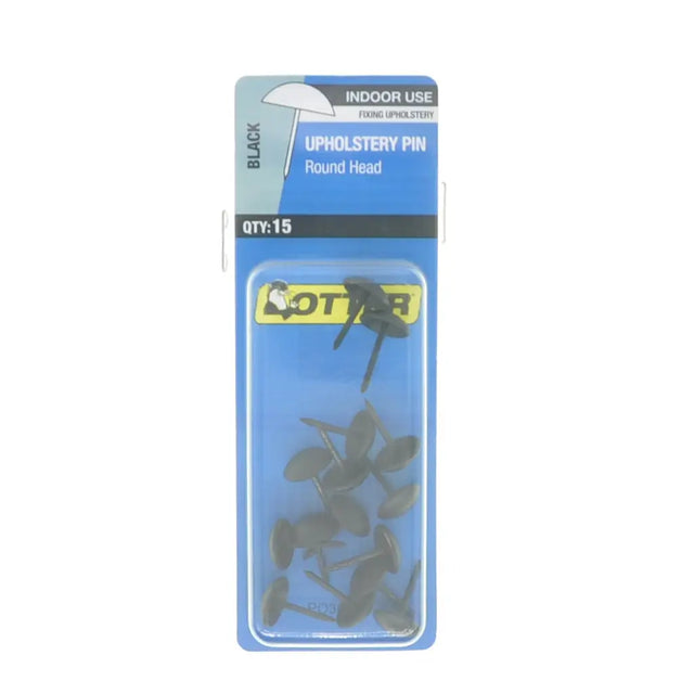 Pack of upholstery pins with a blue and yellow package on a white background
