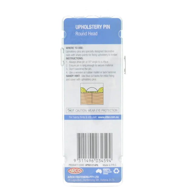 Packaging of upholstery pins with a white background