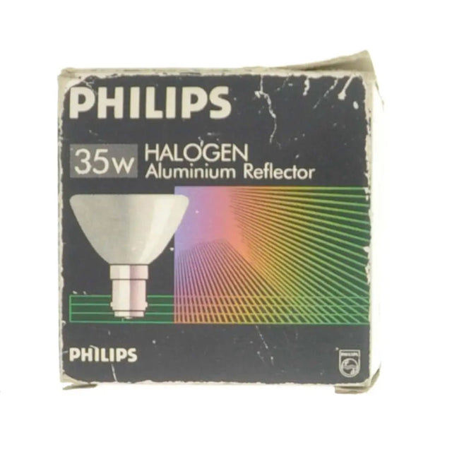 Vintage Philips halogen aluminium reflector bulb packaging on a white background