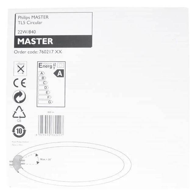 Philips MASTER LED light bulb packaging with label and diagram on a white background