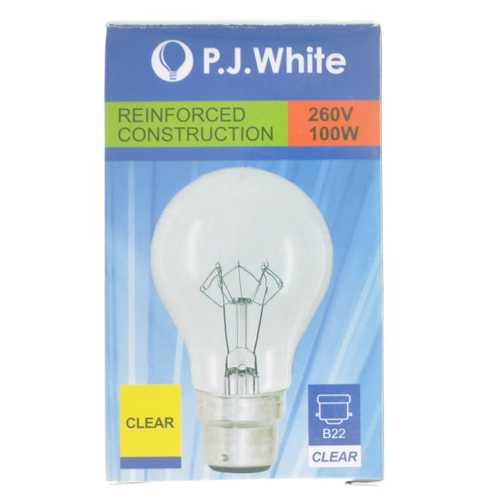 PJ White GLS Incandescent Light Bulb B22 240V 100W Clear