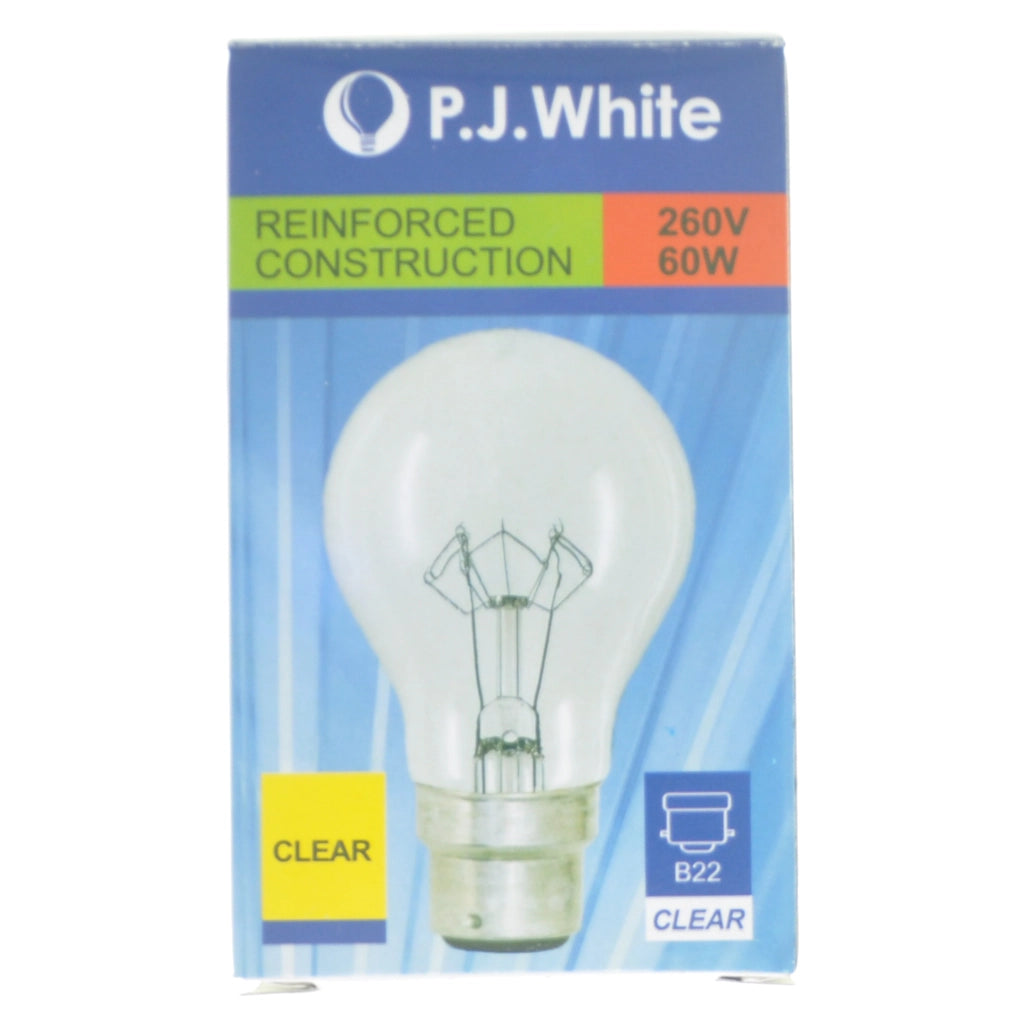 PJ White GLS Incandescent Light Bulb B22 240V 60W Clear