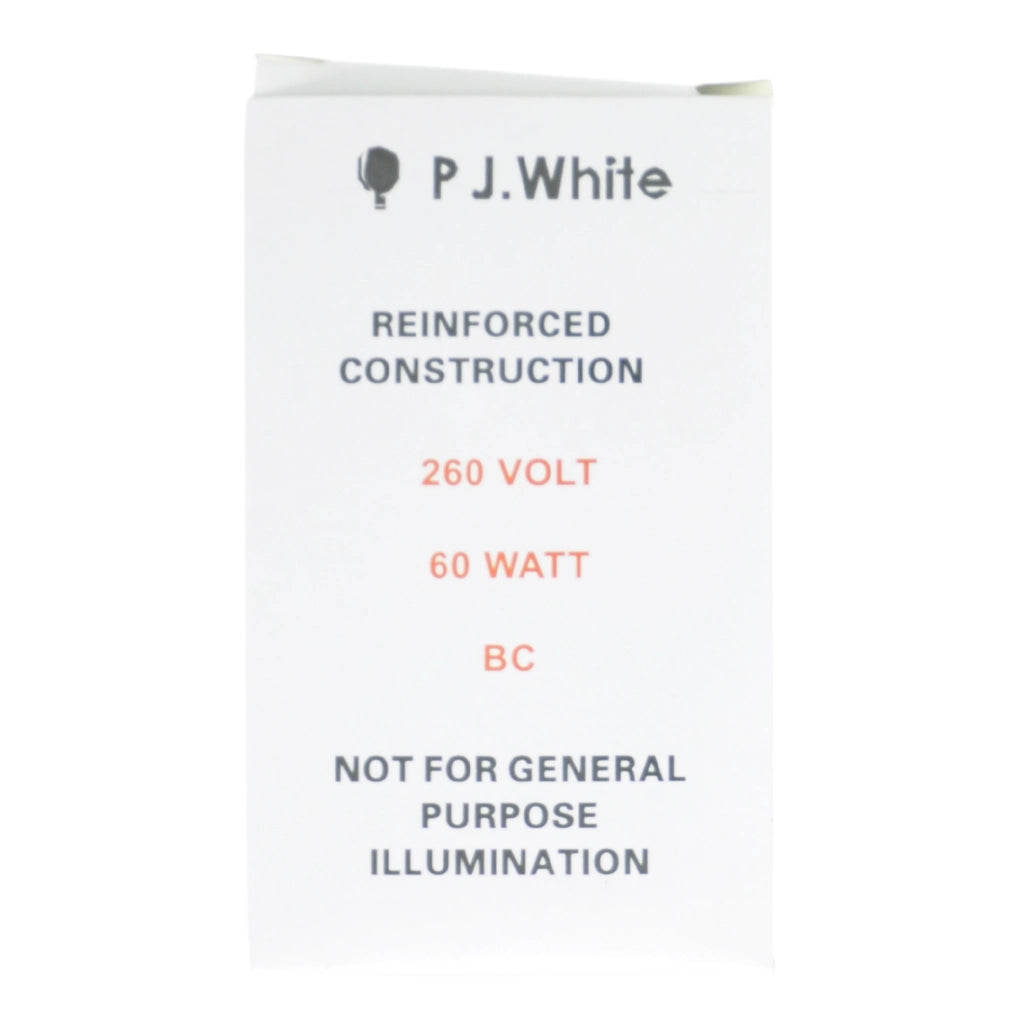 PJ White GLS Incandescent Light Bulb B22 240V 60W Clear