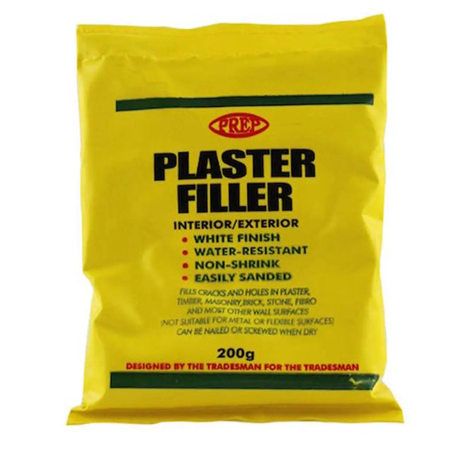 Yellow package of plaster filler with black text on a white background