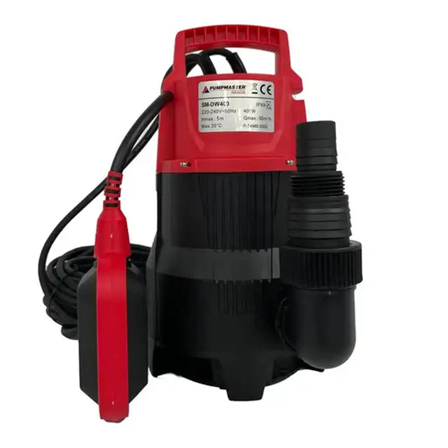 A red and black submersible sewage pump with an attached black power cord and red ground clamp, shown on a plain white background.