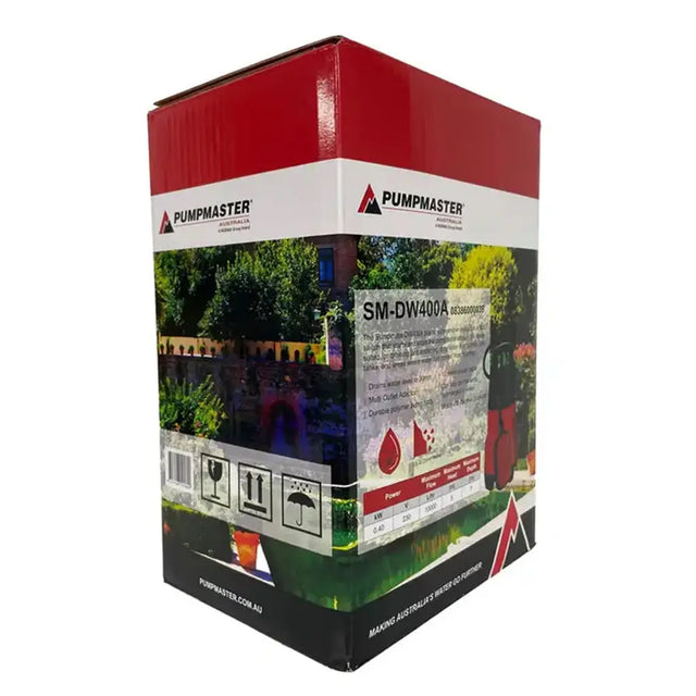 Pumpmaster SM-DW400A Hose Reel product packaging box, featuring a red top, white middle band with the Pumpmaster logo, and a black bottom section with product details and a small photo of the hose reel in use.