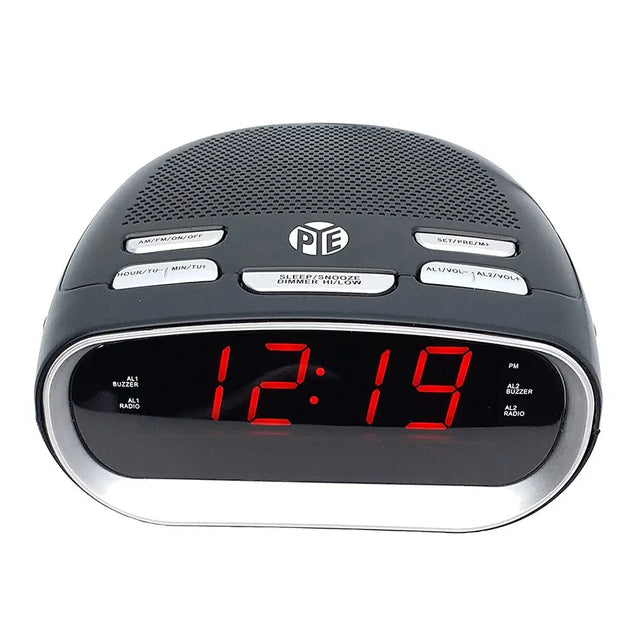 Digital clock with red LED display on a white background