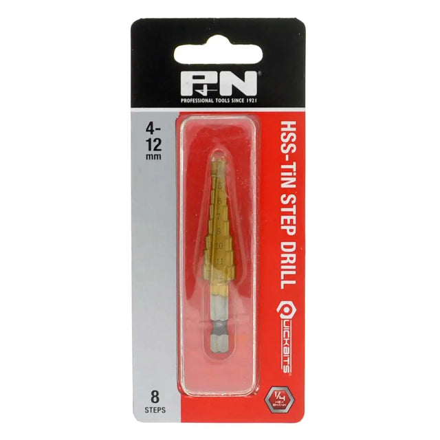 PN HSS-TIN Step Drill bit 4-12 mm, 8 steps, in its original retail blister packaging with a black and red header card.
