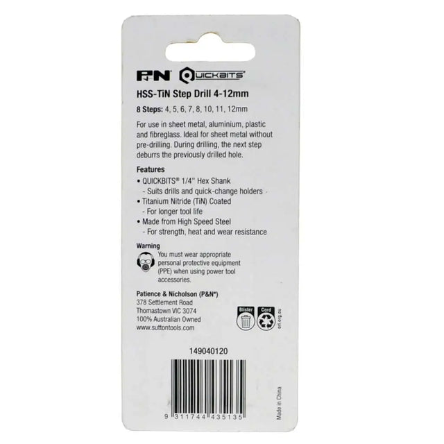 The back of a FN Quickbits HSS-TIN Step Drill 4-12mm package, showing product specifications, features, a warning, and a barcode on a white background.