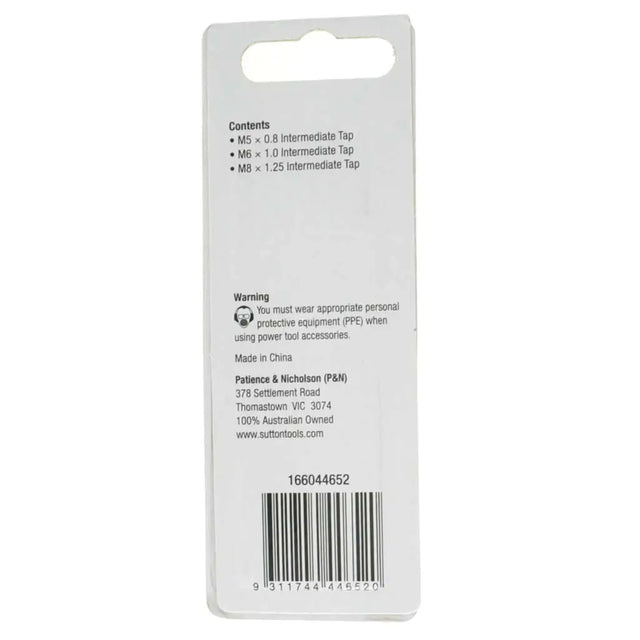 Back of a tool packaging with product details and warning label on a white background