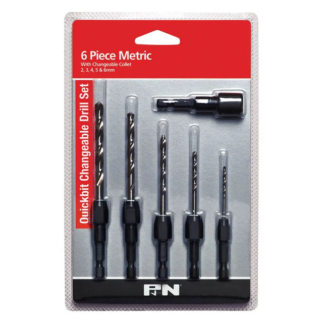 A 6-piece metric quickbit changeable drill set in its original retail blister packaging. The set includes five drill bits of varying sizes and a socket adapter, all black with silver metallic details, mounted on a gray backing card with a red header and the brand name 'FN' at the bottom.