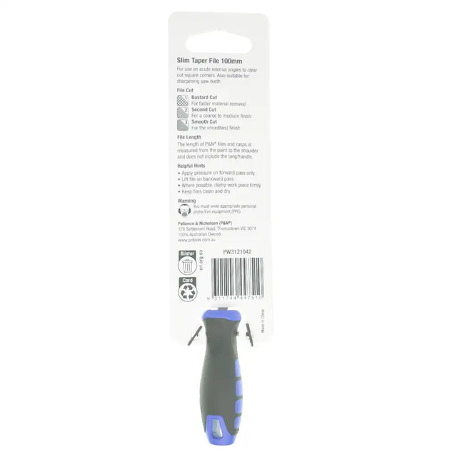 Back view of a slim taper file with branding and product details on a white background