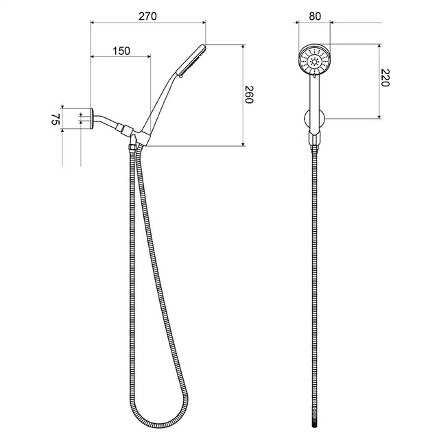 Technical drawing of a shower head and handheld shower with dimensions.