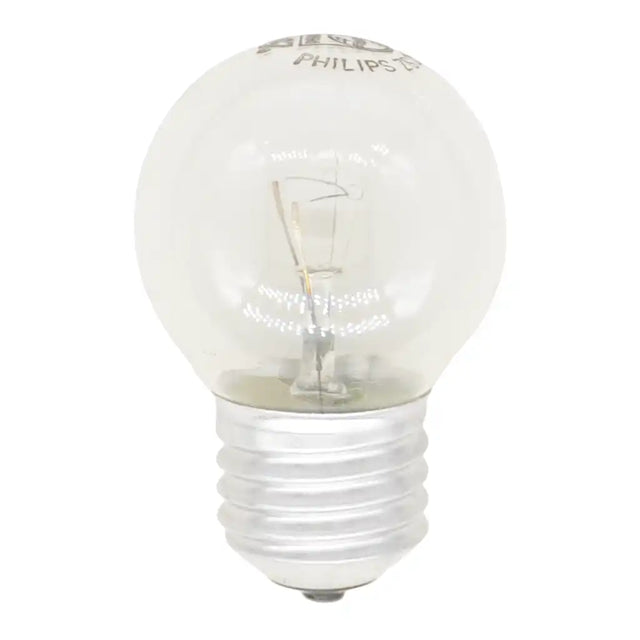 Philips Fancy Round E27 25W warm white clear incandescent light bulb showing round glass, visible filament and Edison screw base on white background