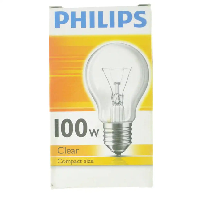 Philips 100w clear light bulb packaging on a white background