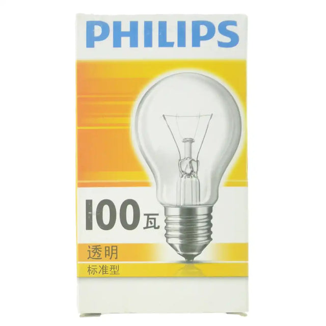Philips light bulb packaging with a clear bulb on a yellow and white background