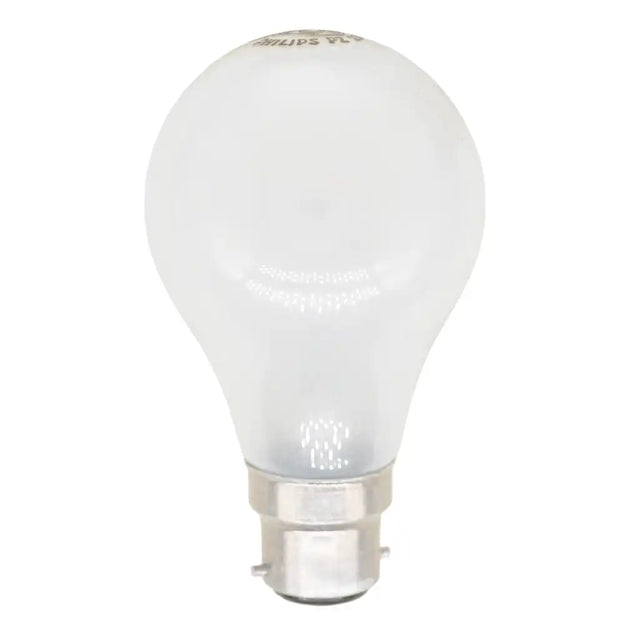 Philips GLS B22 230V 100W warm white incandescent light bulb with frosted glass and bayonet base on white background