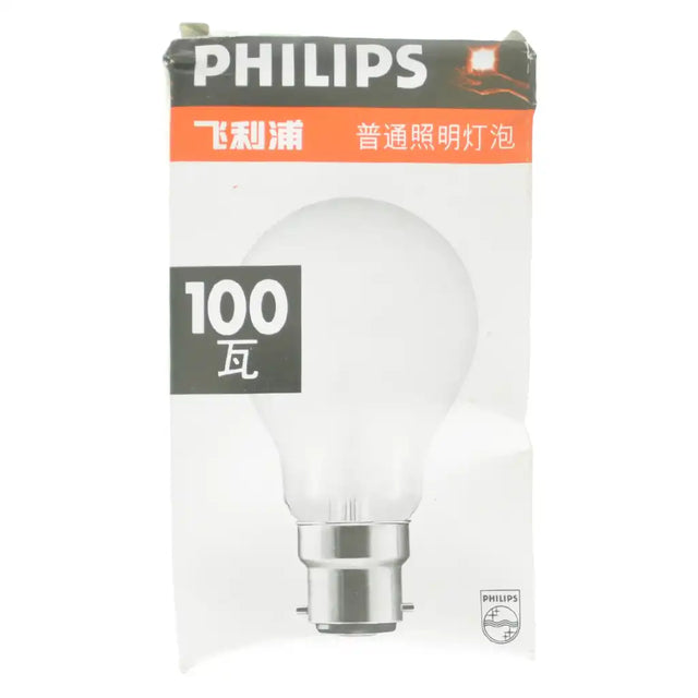 Chinese-labelled box front: Philips GLS B22 230V 100W warm white incandescent light bulb packaging showing bulb illustration and Chinese labelling on white background