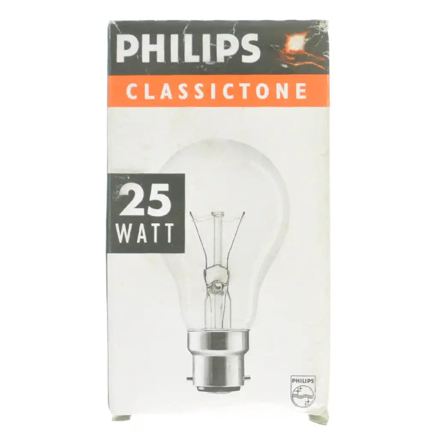 Philips GLS B22 230V 25W warm white clear incandescent light bulb Classictone packaging showing bulb illustration and 25 WATT label on white background