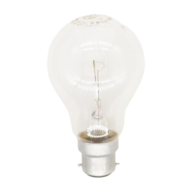 Philips GLS B22 230V 25W warm white incandescent light bulb showing clear glass, visible filament and bayonet base on white background