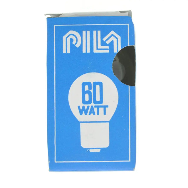 60 watt light bulb packaging with Pila branding on a blue background