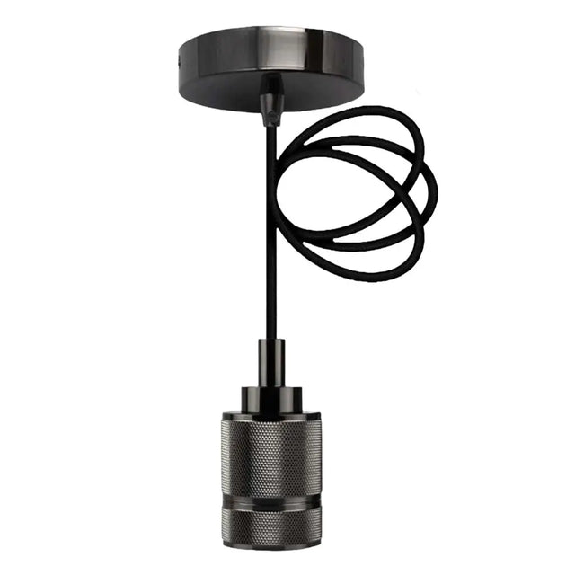 Black pendant light fixture on a white background