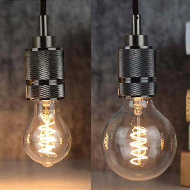 Two views of a vintage-style light bulb with a dark metal fixture against a blurred background.