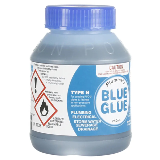 Plumma's Blue Glue container with blue cap on a white background