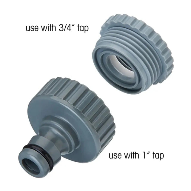 Two gray garden connectors with size indicators on a white background