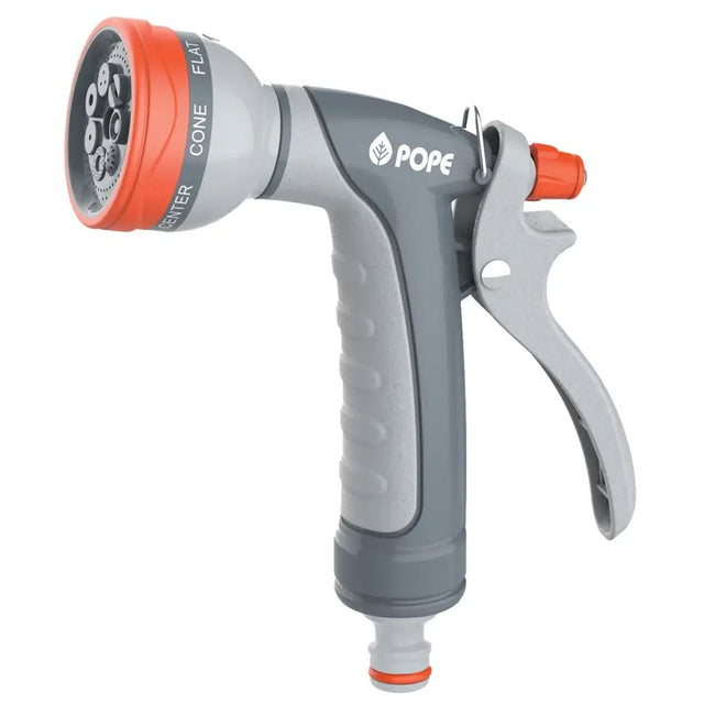 Gray and orange garden hose nozzle with 'POPE' branding on a white background