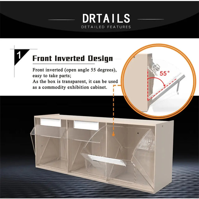 An informational product graphic showing a beige transparent display cabinet with text reading 'Front Inverted Design' and a circular inset demonstrating the 55-degree open angle. The top header says 'DRTAILS DETAILED FEATURES'.