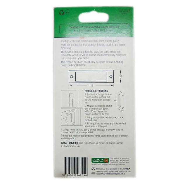 Back of a packaging for a door handle with text and graphics on a white background