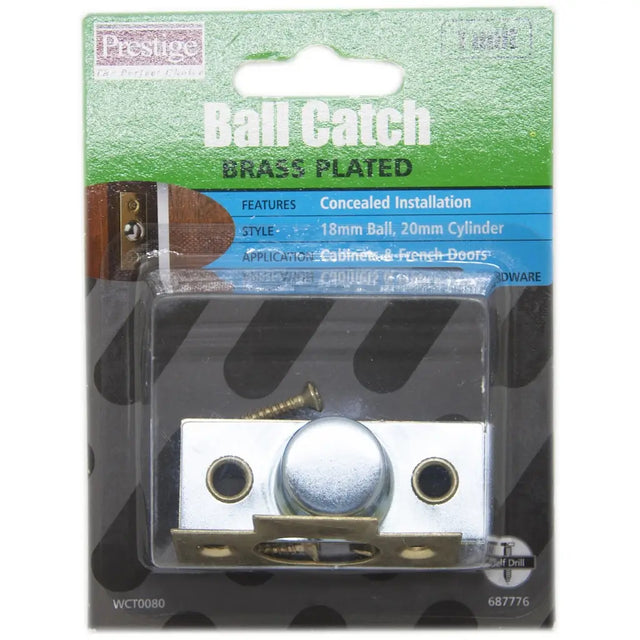 Ball catch hardware on a clear plastic card with branding and product details.