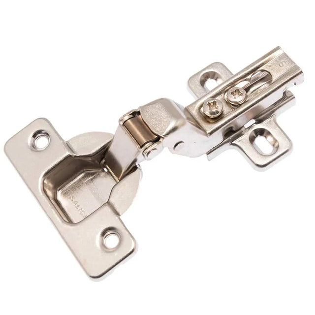 Metallic cabinet hinge on a white background