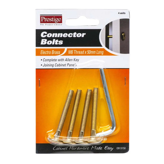 Packaging of connector bolts with a Prestige brand label on a white background