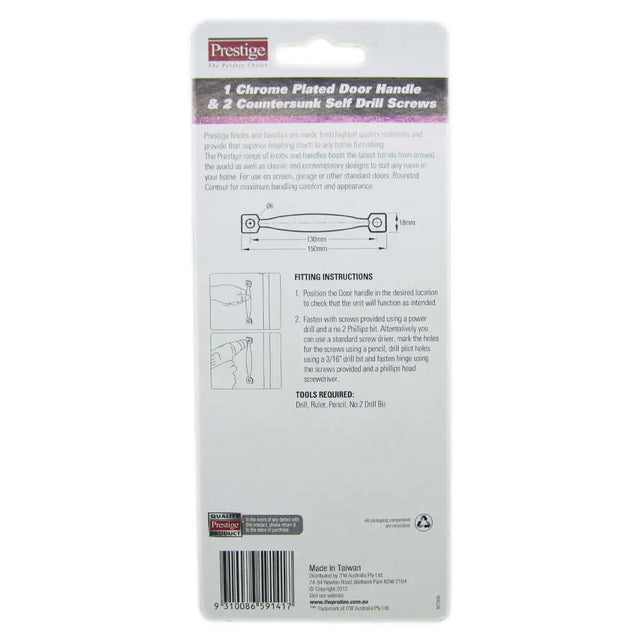 Packaging of a chrome plated door handle and counterbunk self-drill screws with fitting instructions on a white background.