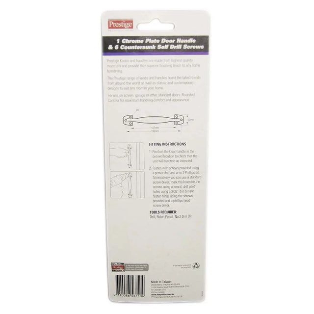 Prestige brand packaging for a chrome plate door handle with screws on a white background
