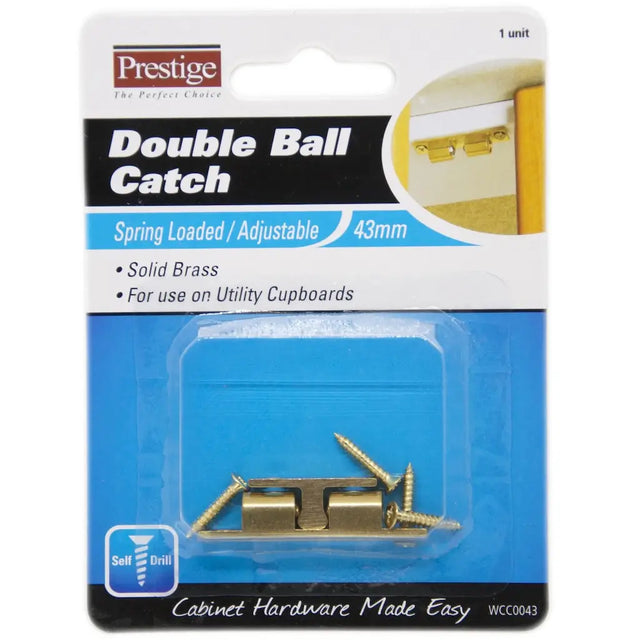 Prestige Double Ball Catch packaging with brass catch and screws on a white background