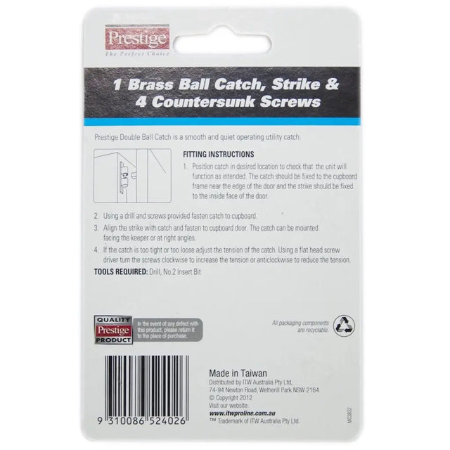 Prestige brass ball catch packaging with strike and screws on a white background