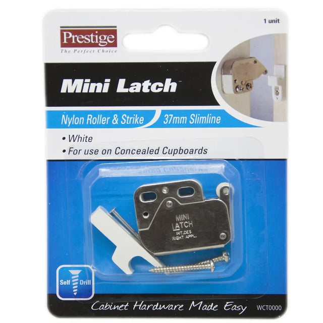 Prestige Mini Latch packaging with clear window showing the latch and striker.