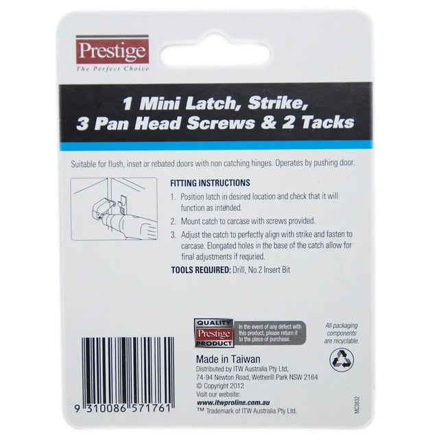 Prestige door hardware package with mini latch, strike, screws, and tacks on a white background