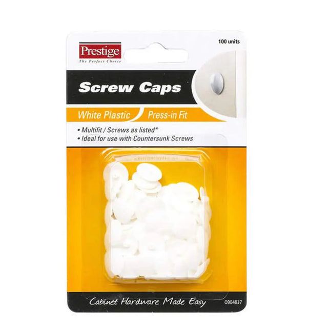Packaging of Prestige screw caps with a clear window showing white plastic screw caps.
