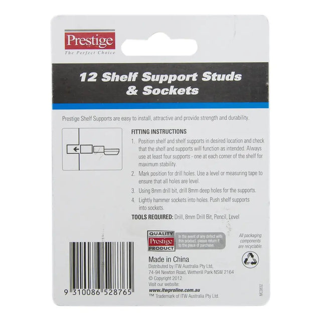 Prestige shelf support studs and sockets packaging with fitting instructions.