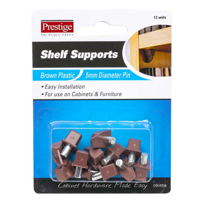 Packaging of Prestige shelf supports with brown plastic pins.